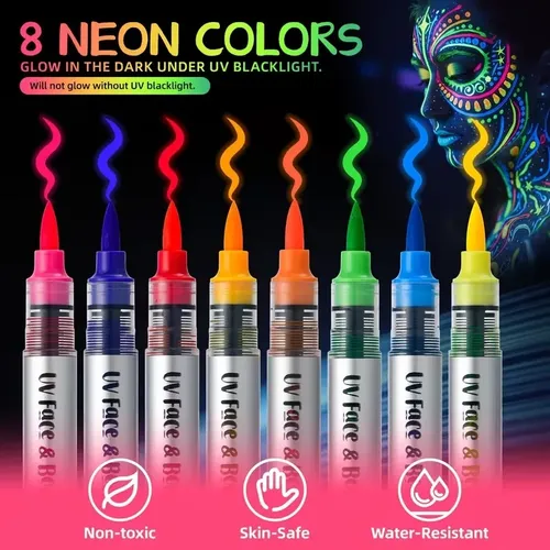 Set De Delineadores Uv Neon Brillantes 8 Colores Cara Cuerpo