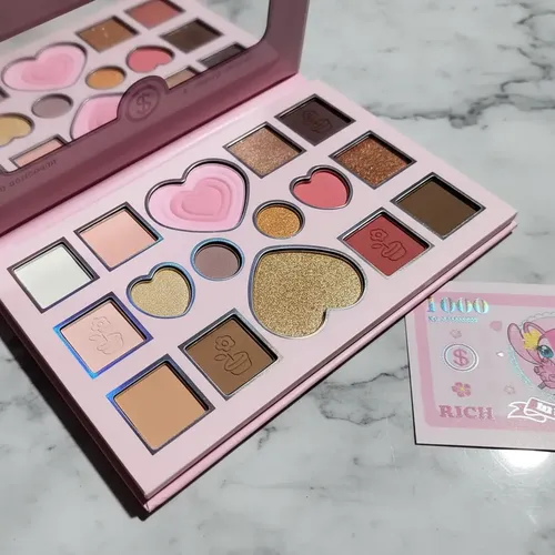 Paleta Maquillaje Sombras Rubor Iluminador Stitch Rosa Cute
