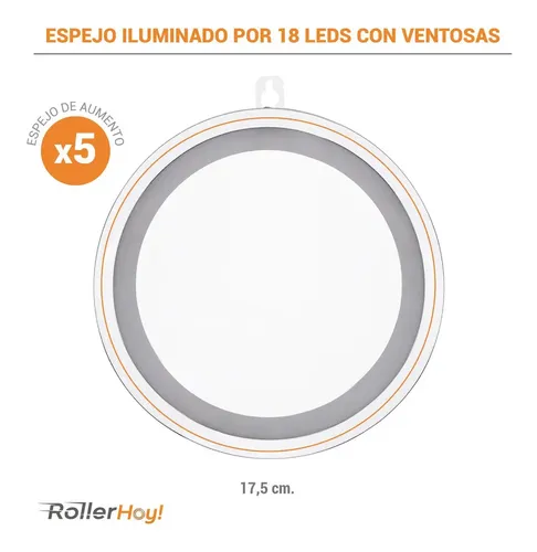 Espejo Luz Maquillaje Ventosas Aumento X5 18 Led Vip
