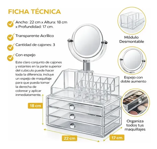 Organizador Acrilico Make Up Con Cajones + Espejo, Grande Transparente