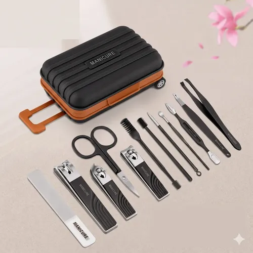 Set Manicura Pedicura 12 Piezas Estuche Valija Con Ruedas Negro