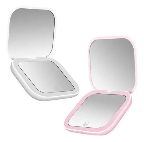 Espejo De Maquillaje De Mano Con Aumento 2x Con Luz Usb