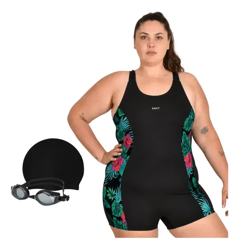 Combo Traje De Baño Mujer Talle Grande + Gorro + Antiparras