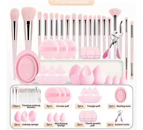 Set 37 Pinceles Y Esponjas De Maquillaje Con Rizador
