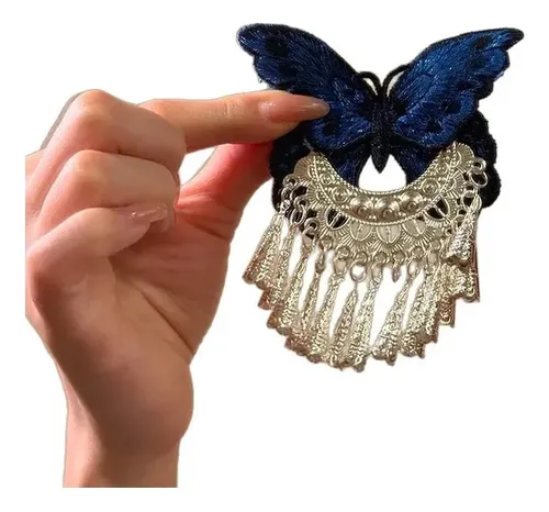 Campanilla Plateada Con Bordado De Mariposas Azules Retro Ch Blue Embroidery Butterfly
