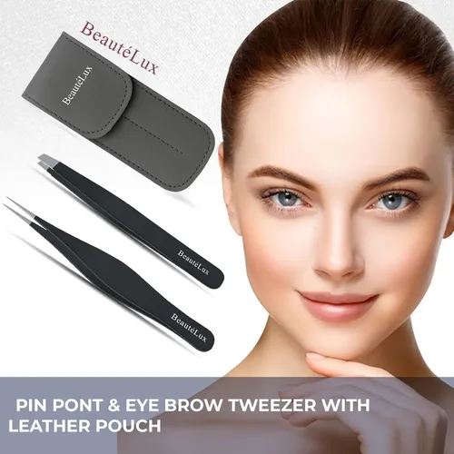 Pinzas Para Cejas Negras Acero Inoxidable Con Estuche