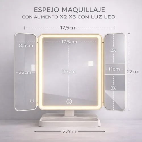 Espejo Con Aumento Y Luz Led 3 Tonos Para Maquillaje