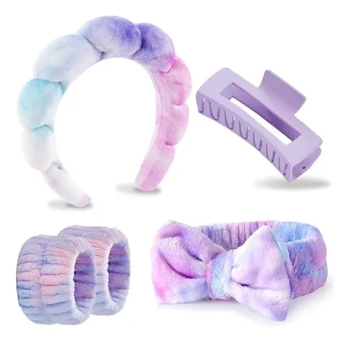 5pcs Diademas Pelo Muñequeras Horquilla Maquillaje Spa Lila