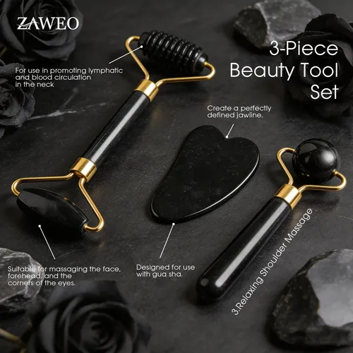 Set Masajeador Facial Zaweo 3 Piezas Piedra Natural Negro