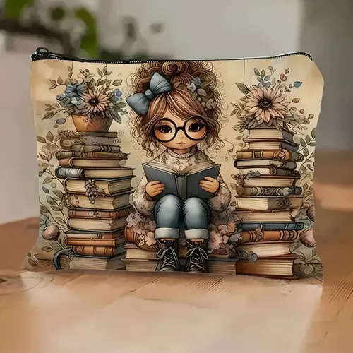 Bolsa De Cosméticos Portátil Con Cremallera Plegable Con Est 1 Book Lover Print With Floral Elements