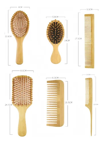 Kit 6 Cepillos De Bambú Anti Frizz For Peinar Cabello ..