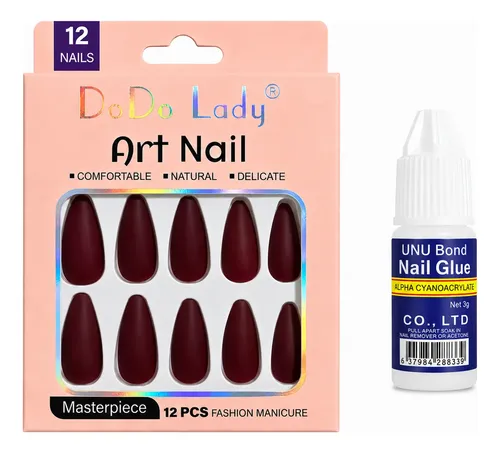 Uñas Press On Mate Almendra Reutilizables Con Pegamento