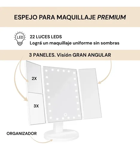 Espejo Maquillaje Giratorio 180 Pantalla Táctil Luz Led Ajus Blanco
