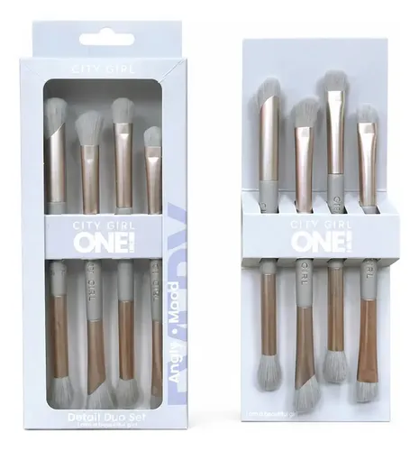 Set Brochas Maquillaje Doble Punta Profesional City Girl Gris