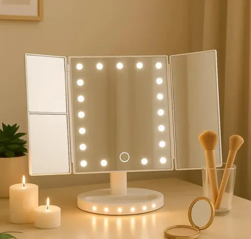 Espejo Maquillaje Tríptico Con Luz Led Táctil De Mesa Koryn