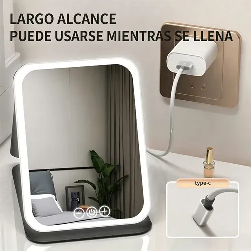 Espejo Maquillaje Led Plegable Luz Fría Cálida Natural Usb Negro