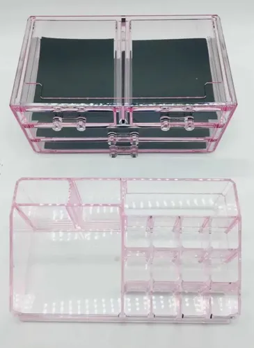 Organizador Maquillaje Acrílico Rosa 4 Cajones: 2 chicos + 2 Grandes , parte superior con 16 Divisiones