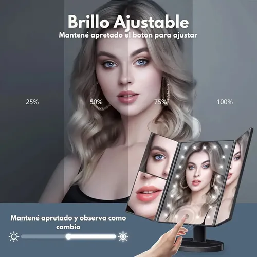 Espejo Tríptico LED para Maquillaje Norcel, Portátil con Aumentos y Luz Regulable Táctil