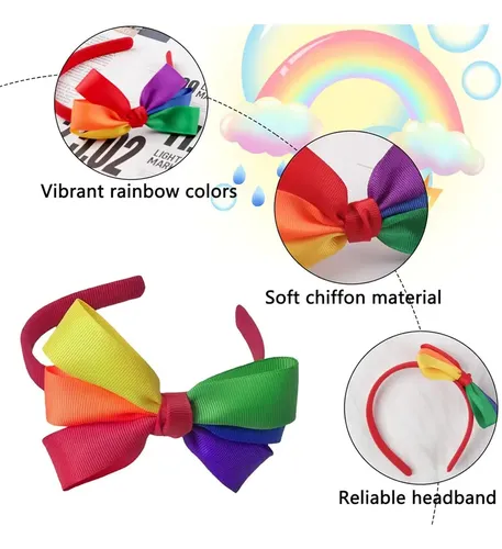Diadema Con Lazo De Cinta Arcoíris De Seis Colores, Pelo Col