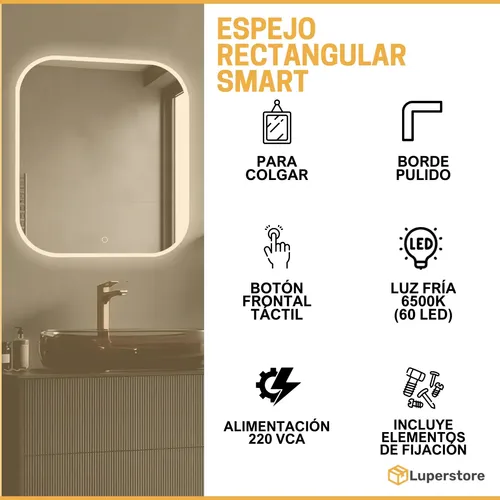 Espejo Rectangular Smart Led Touch Baño Colgar Luz Fria