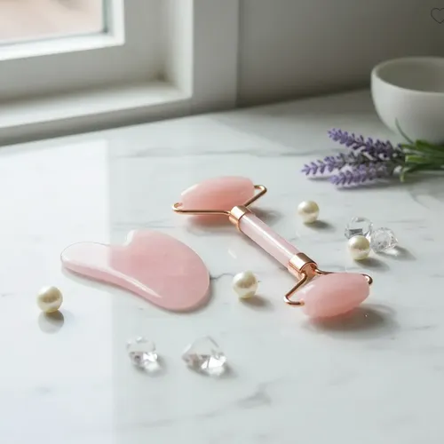 Masajeador De Rostro En Rodillo + Gua Sha De Cuarzo Rosa
