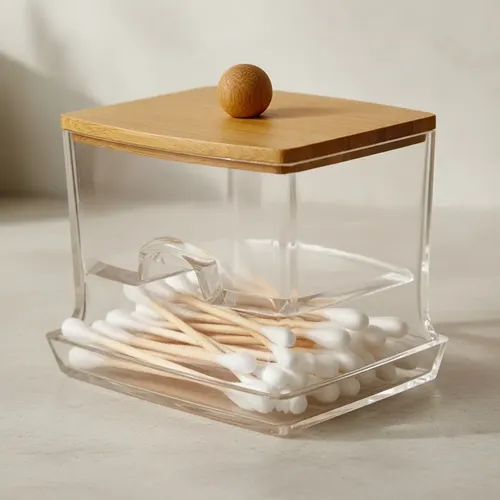 Organizador Acrílico Rectangular Tapa De Bambú Para Cotonete Color Blanco