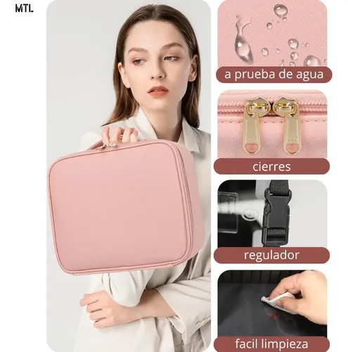 Organizador Mtl Portátil Luz Led Espejo Accesorios Pu Viajes