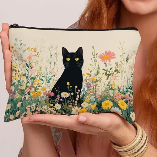 Bolsa De Cosméticos Travel Organizer Black Cat Flower Field Ab262