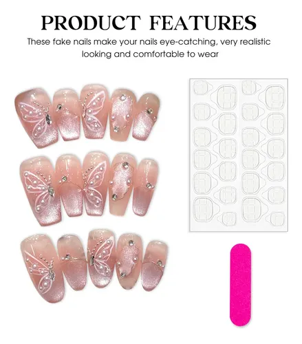 Uñas Postizas Rosa Brillante Estilo Ojo De Gato
