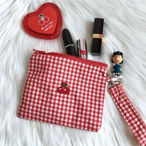 Bolsa De Cosméticos Portátil Bordada En Cereza A Cuadros Roj