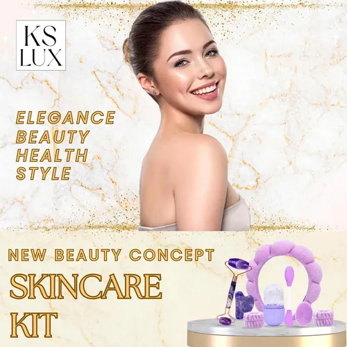 Kit Cuidado Facial Ks Lux 7 Piezas Rodillo Gua Sha Morado
