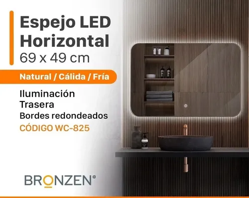 Espejo Horizontal Borde Curvo Luz Led Trasera 70×50