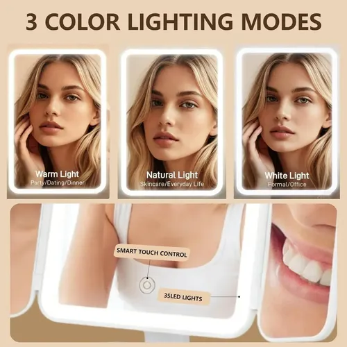 Espejo Maquillaje Plegable Led Con Aumento 1x/2x/3x,3 Modos