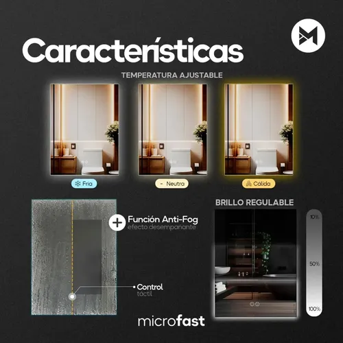 Espejo de Baño LED Táctil Desempañante 60x80cm con Luz Regulable