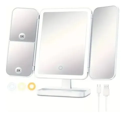Espejo Maquillaje 3 Modos De Luz Aumento 1x2x3x Recargable