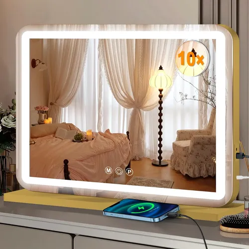 Espejo De Maquillaje Con Luz Led 58x46cm Dorado