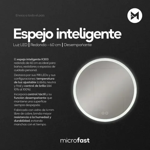 Espejo Luz Led Touch/táctil Inteligente Baño Premium Desempañante Fría/cálida/neutra Redondo Moderno 60cm Esmerilado Regulación De Brillo