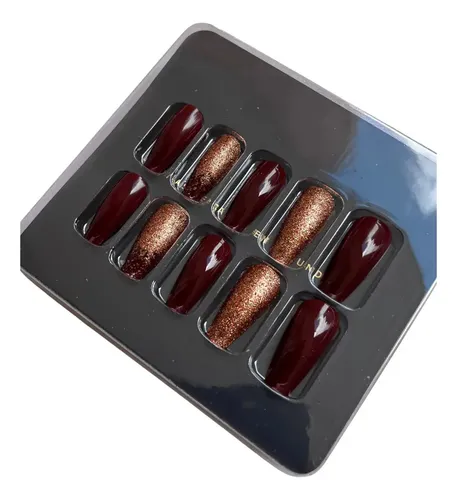 Uñas Press On Nails Veluna Reutilizables Diseños Variados Color Copper Wine