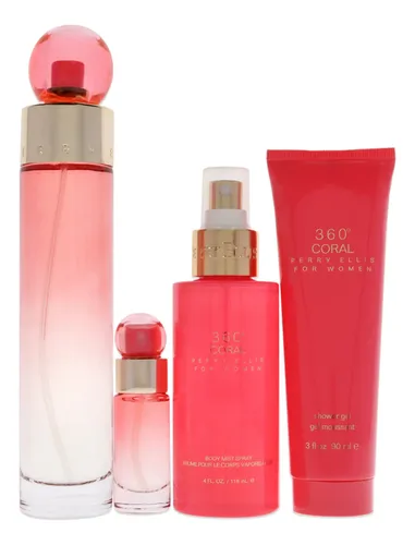 Set De Regalo 4 Pzs Coral Perry Ellis Para Mujer, Edt 3.4 Oz, Body Mist 4 Oz, Gel De Ducha 3 Oz, Edt 0.25 Oz