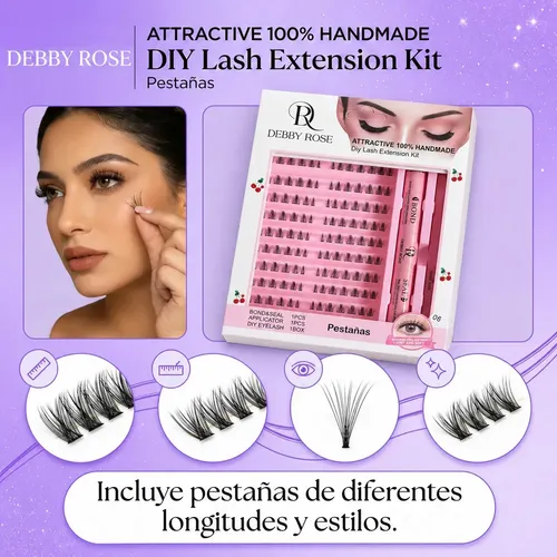 Debby Rose Kit Pestañas Cluster Adhesivo Pestañas Diy Color Negro Espesor 1 cm Largo 1 cm Tipo de curvatura D