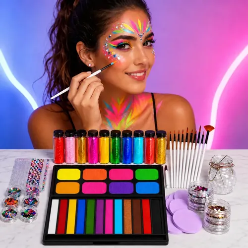 Face Paint 20 Colores, Glitter Y Pinceles Unagenia