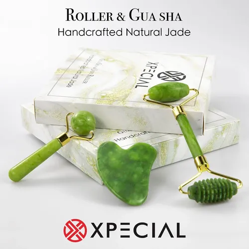 Set Masajeador Facial Jade Roller Y Gua Sha Xpecial Gold