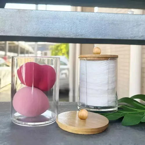Organizador Cosméticos Maquillaje Acrílico Tapa Bambú 9x7cm