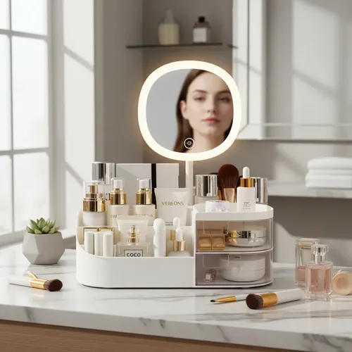 Organizador De Maquillaje Espejo Skincare Brochas Accesorios