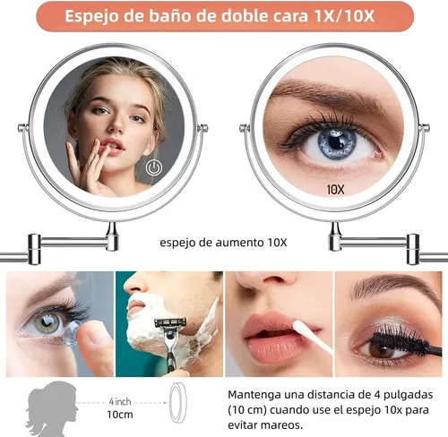 Espejo De Vanidad 8in C/luz Led Retráctil 2 Cara Aumento 10x