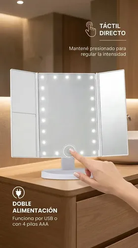 Espejo Maquillaje Giratorio 22 Led 3 Aumentos Usb Bateria Blanco Triple Tactil Led Luz 3 Paneles Plegable Portatil Iluminacion Perfecta