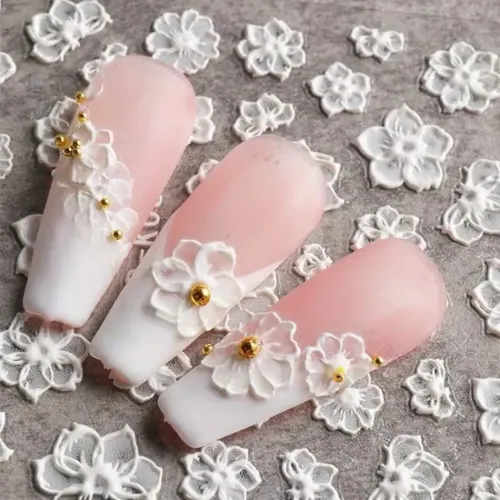 Pegatinas De Uñas 5d De Flores Blancas – Paquete De 3
