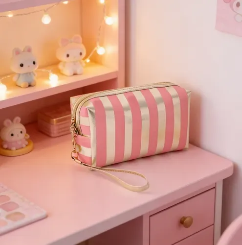 Bolsa De Maquillaje A Rayas, Bolsa De Mano For Mujer Rosa