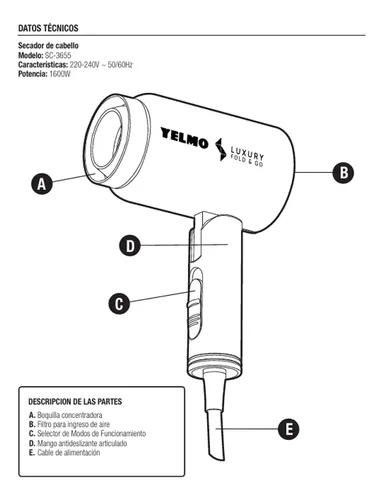 Secador De Cabello Yelmo Sc-3655 1600w Bivolt Plegable Viaje