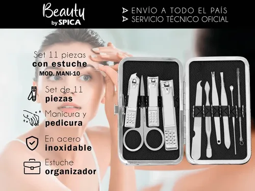 Set Manicura Pedicura Estuche 11 Piezas BEAUTY BY SPICA MANI-10 Corta Uñas Tijera + Estuche Color Plateado